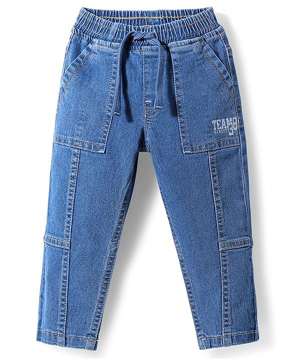 Babyhug Cotton Full Length Stretchable Denim Jeans with Team Varsity 38 Print - Blue