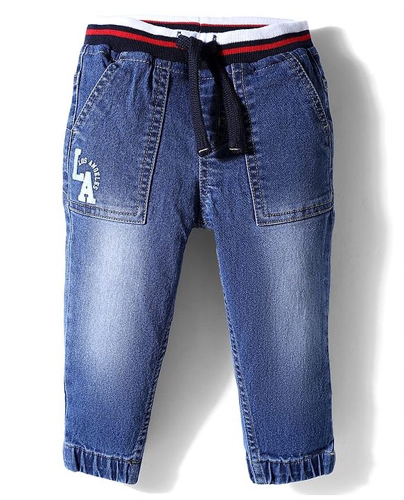 Babyhug Full Length Washed Denim Joggers With LA Print & Stretch - Blue