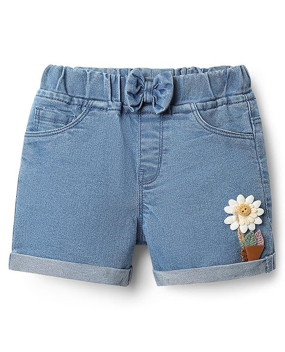 Babyhug Mid Thigh Length Shorts With Stretch Bow & Floral Applique - Blue