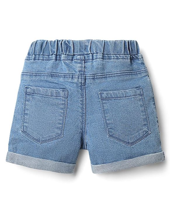 Babyhug Mid Thigh Length Shorts With Stretch Bow & Floral Applique - Blue