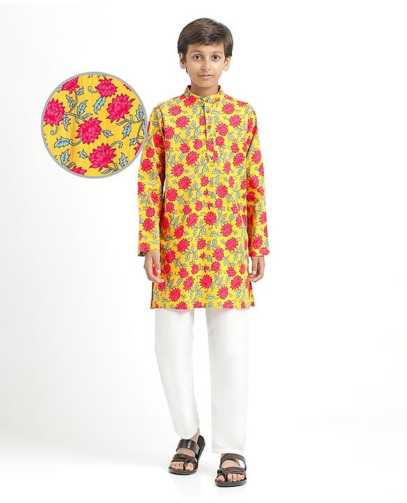 Pine Kids Cotton Woven Mandarin Collar Full Sleeves Kurta Pajama Set With Floral Print - Mustard