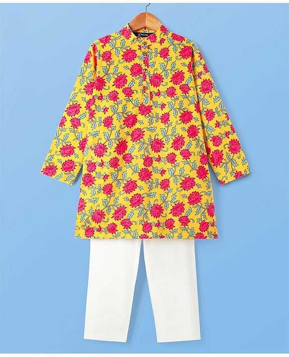Pine Kids Cotton Woven Mandarin Collar Full Sleeves Kurta Pajama Set With Floral Print - Mustard