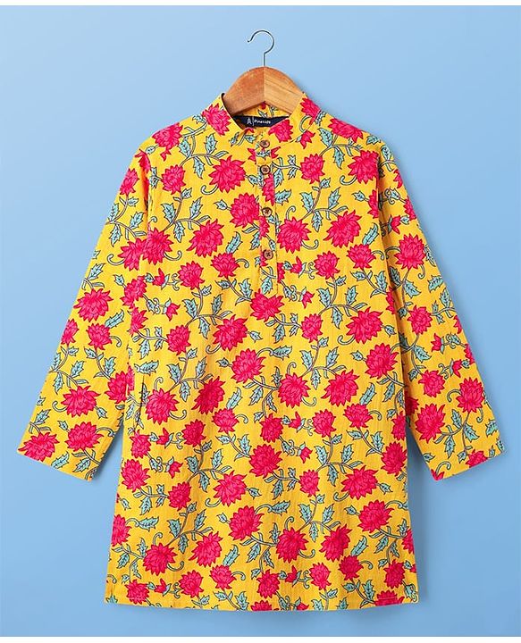 Pine Kids Cotton Woven Mandarin Collar Full Sleeves Kurta Pajama Set With Floral Print - Mustard