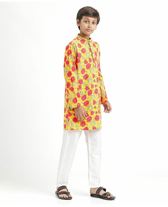 Pine Kids Cotton Woven Mandarin Collar Full Sleeves Kurta Pajama Set With Floral Print - Mustard