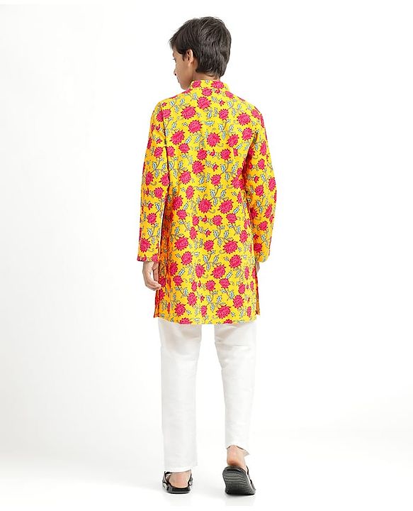 Pine Kids Cotton Woven Mandarin Collar Full Sleeves Kurta Pajama Set With Floral Print - Mustard