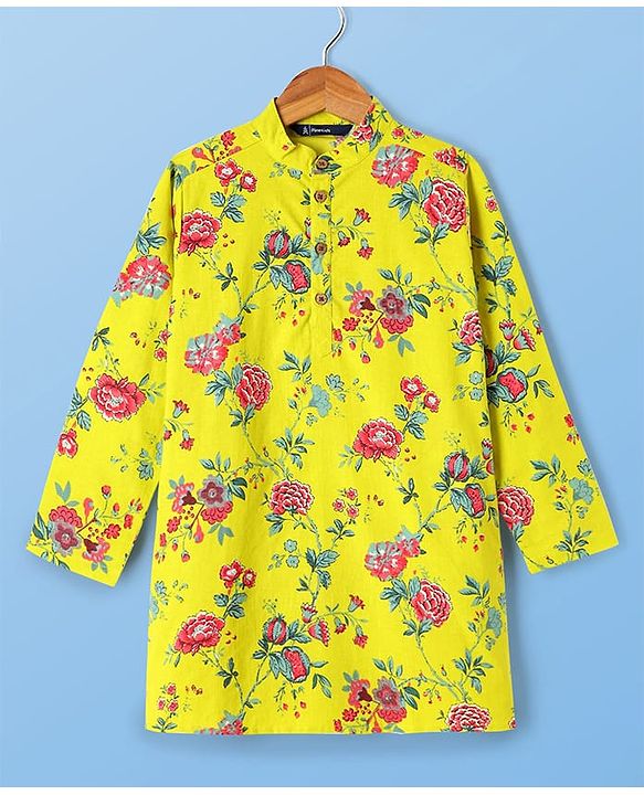 Pine Kids Cotton Knit Full Sleeves Kurta & Pyjama Set With Floral Print - Yellow