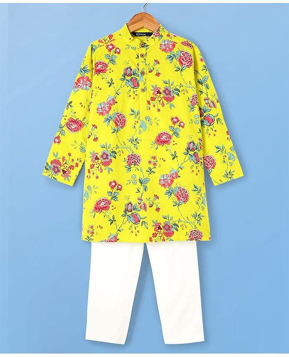 Pine Kids Cotton Knit Full Sleeves Kurta & Pyjama Set With Floral Print - Yellow