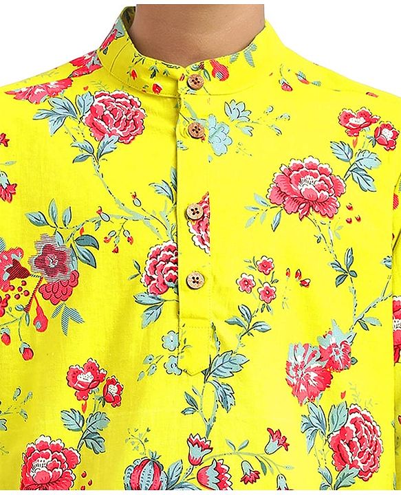 Pine Kids Cotton Knit Full Sleeves Kurta & Pyjama Set With Floral Print - Yellow