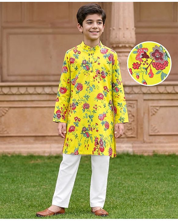 Pine Kids Cotton Knit Full Sleeves Kurta & Pyjama Set With Floral Print - Yellow