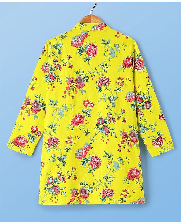 Pine Kids Cotton Knit Full Sleeves Kurta & Pyjama Set With Floral Print - Yellow