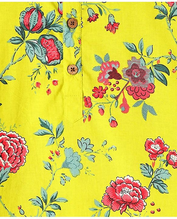 Pine Kids Cotton Knit Full Sleeves Kurta & Pyjama Set With Floral Print - Yellow