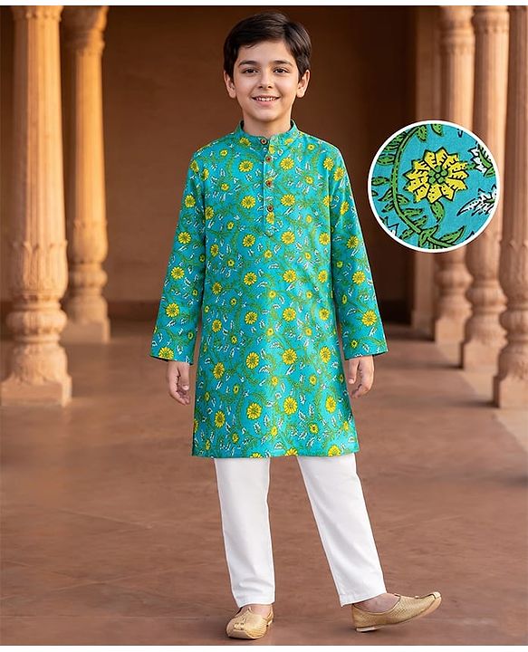 Pine Kids Cotton Woven Full Sleeves Kurta Pajama Set With Floral Print - Mint & White