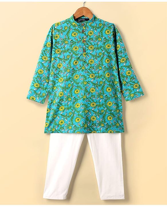 Pine Kids Cotton Woven Full Sleeves Kurta Pajama Set With Floral Print - Mint & White