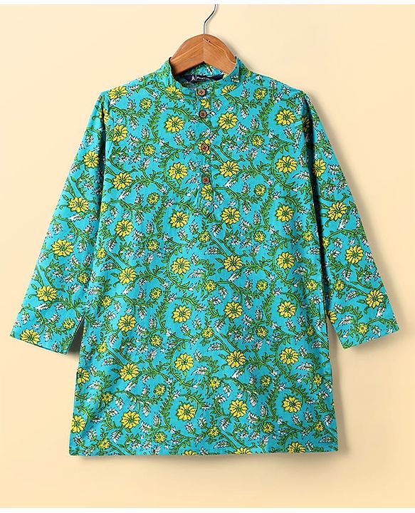 Pine Kids Cotton Woven Full Sleeves Kurta Pajama Set With Floral Print - Mint & White