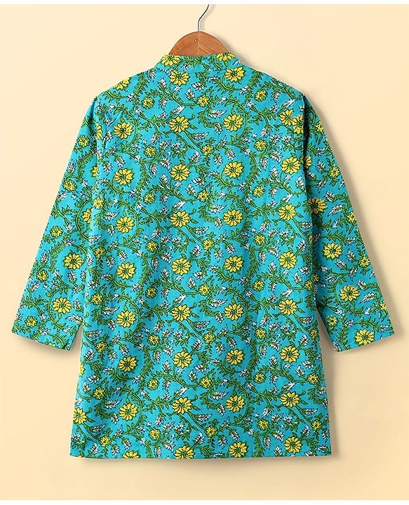 Pine Kids Cotton Woven Full Sleeves Kurta Pajama Set With Floral Print - Mint & White