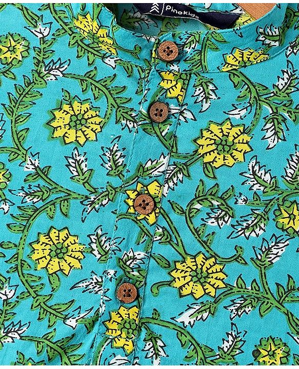 Pine Kids Cotton Woven Full Sleeves Kurta Pajama Set With Floral Print - Mint & White
