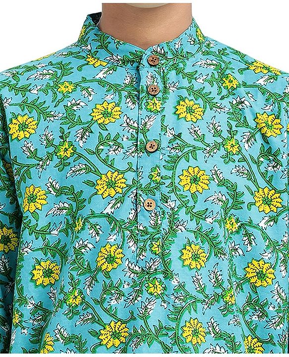 Pine Kids Cotton Woven Full Sleeves Kurta Pajama Set With Floral Print - Mint & White