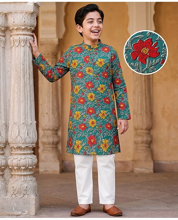Pine Kids Cotton Woven Mandarin Collar Full Sleeves Kurta Pajama Set With Floral Print - Teal Blue