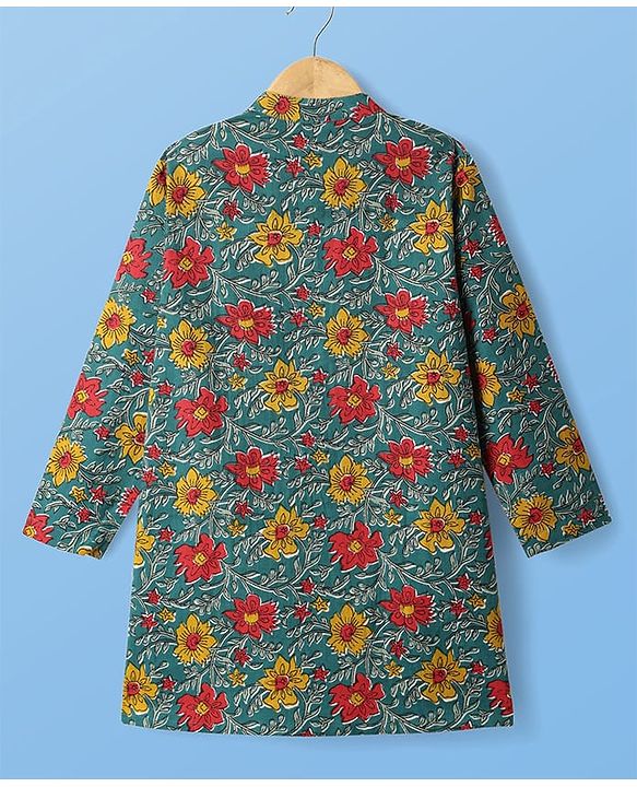 Pine Kids Cotton Woven Mandarin Collar Full Sleeves Kurta Pajama Set With Floral Print - Teal Blue