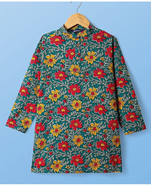 Pine Kids Cotton Woven Mandarin Collar Full Sleeves Kurta Pajama Set With Floral Print - Teal Blue