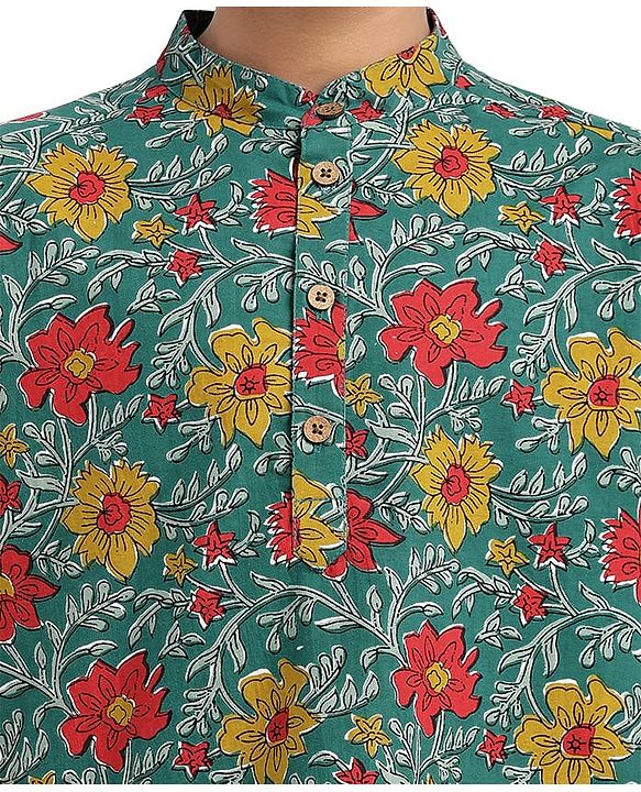 Pine Kids Cotton Woven Mandarin Collar Full Sleeves Kurta Pajama Set With Floral Print - Teal Blue