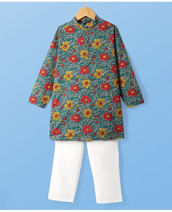 Pine Kids Cotton Woven Mandarin Collar Full Sleeves Kurta Pajama Set With Floral Print - Teal Blue