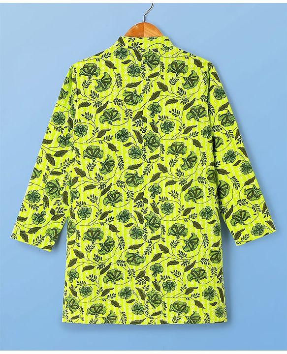 Pine Kids Cotton Knit Full Sleeves Kurta & Pyjama Set With Floral Print - Green