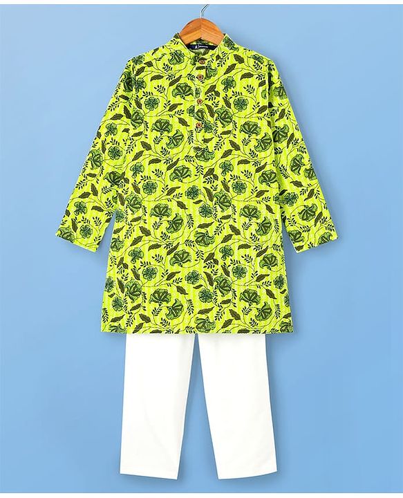 Pine Kids Cotton Knit Full Sleeves Kurta & Pyjama Set With Floral Print - Green