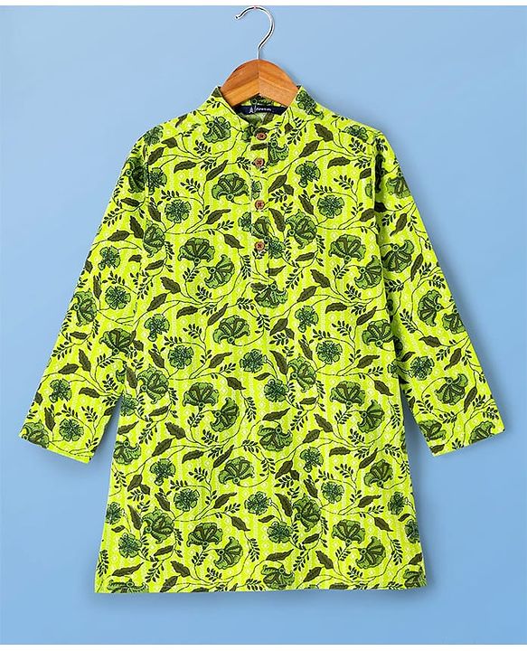 Pine Kids Cotton Knit Full Sleeves Kurta & Pyjama Set With Floral Print - Green