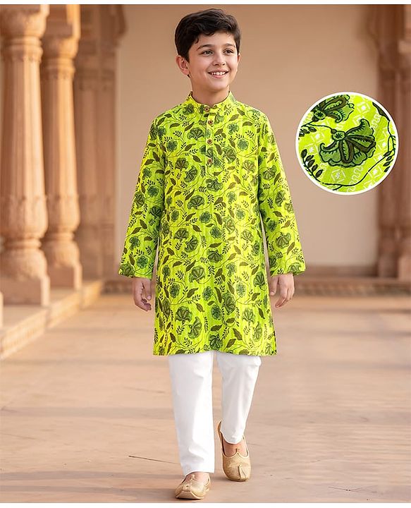 Pine Kids Cotton Knit Full Sleeves Kurta & Pyjama Set With Floral Print - Green