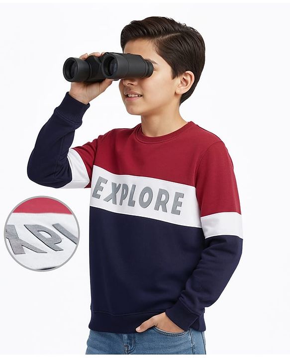 Pine Kids Cotton Knit Full Sleeves Cut & Sew Sweatshirt with Text Print - Red & Navy Blue