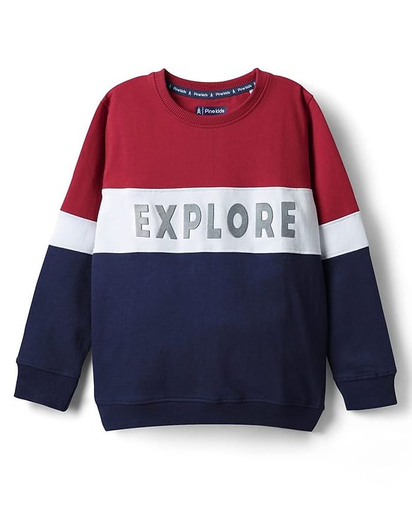 Pine Kids Cotton Knit Full Sleeves Cut & Sew Sweatshirt with Text Print - Red & Navy Blue