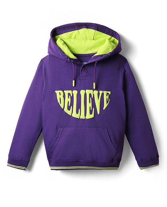 Pine Kids 100% Cotton Full Sleeves Text Printed Hooded Sweatshirt With Kangaroo Pockets - Purple & Green