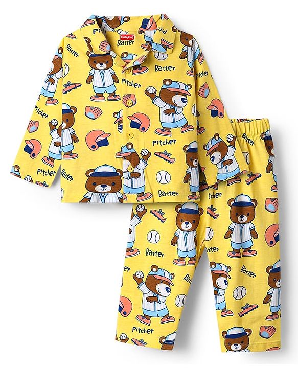 Babyhug Cotton Knit Full Sleeves Night Suit Teddy Print - Navy Blue & Yellow main image 0