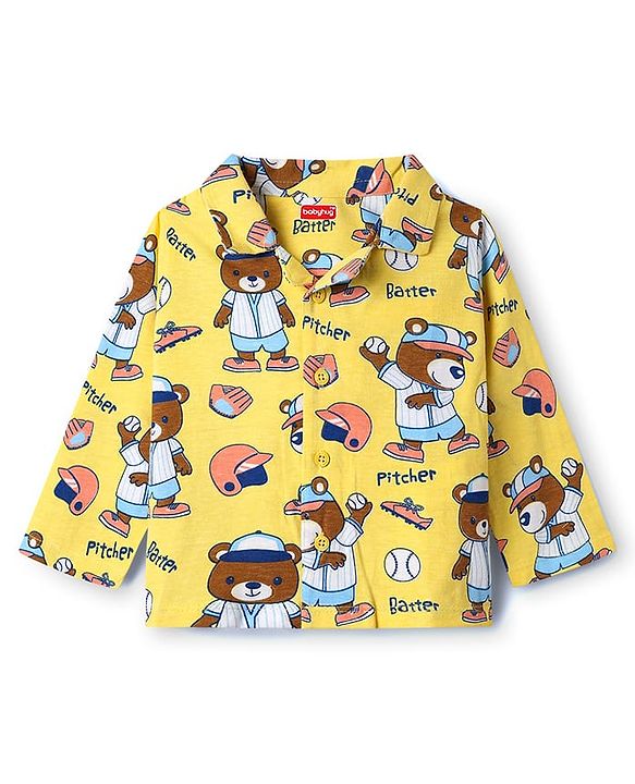 Babyhug Cotton Knit Full Sleeves Front Open Co-Ords Night Suit With Cartoon Print - Yellow