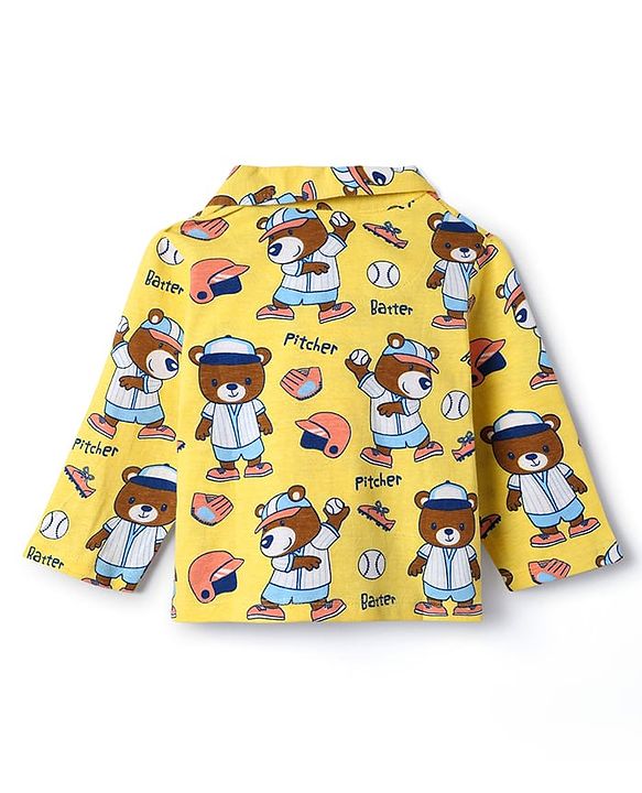 Babyhug Cotton Knit Full Sleeves Front Open Co-Ords Night Suit With Cartoon Print - Yellow