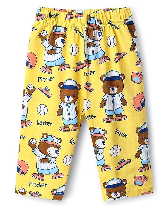 Babyhug Cotton Knit Full Sleeves Front Open Co-Ords Night Suit With Cartoon Print - Yellow