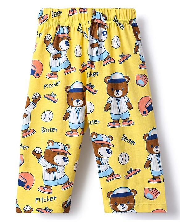 Babyhug Cotton Knit Full Sleeves Front Open Co-Ords Night Suit With Cartoon Print - Yellow