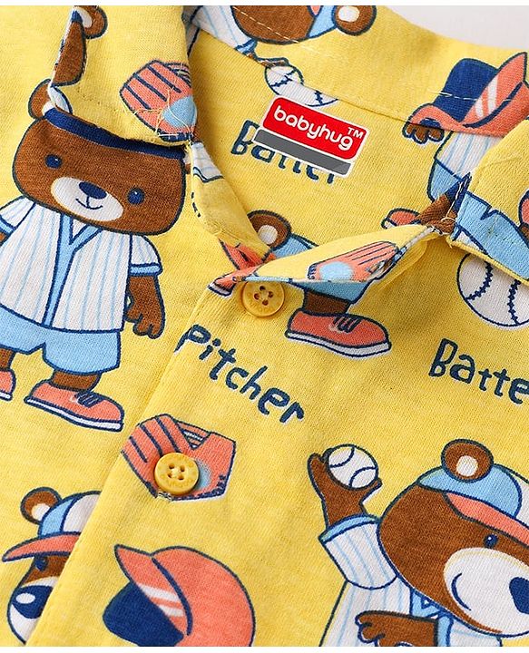 Babyhug Cotton Knit Full Sleeves Front Open Co-Ords Night Suit With Cartoon Print - Yellow