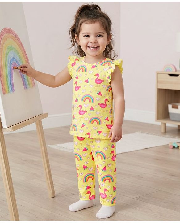 Babyhug Cotton Knit Frill Sleeves Co-ords Night Suit With Heart & Bird Print - Yellow