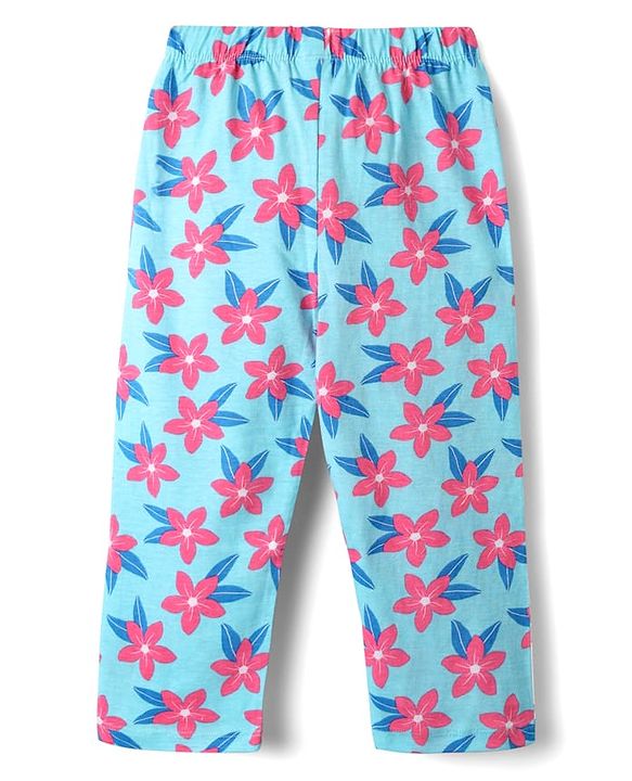 Babyhug Cotton Knit Full Sleeves Co-ords Night Suit With Floral Print - Light Blue