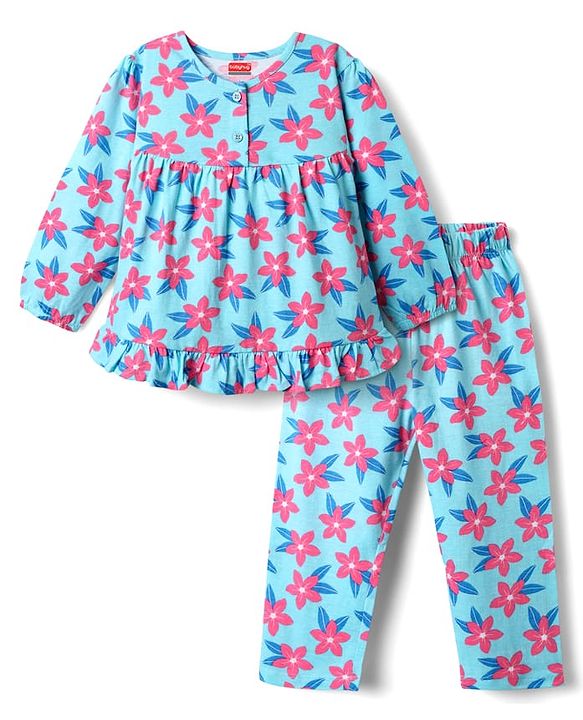 Babyhug Cotton Knit Full Sleeves Co-ords Night Suit With Floral Print - Light Blue