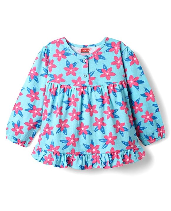Babyhug Cotton Knit Full Sleeves Co-ords Night Suit With Floral Print - Light Blue