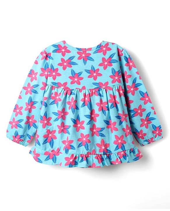 Babyhug Cotton Knit Full Sleeves Co-ords Night Suit With Floral Print - Light Blue