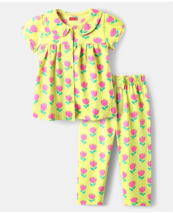 Babyhug Cotton Knit Half Sleeves Front Open Co-Ord Night Suit with Floral Print - Light Green
