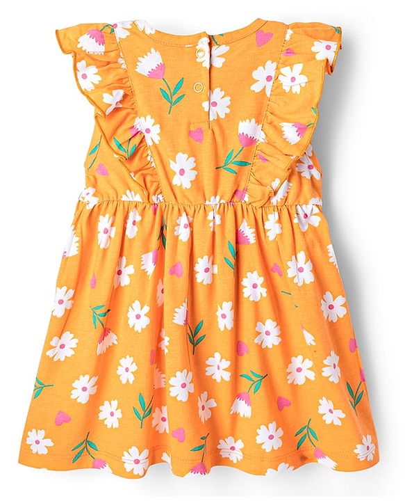 Babyhug Single Jersey Knit Frill Sleeves Floral Printed Frock with Bloomer & Bow Applique - Orange
