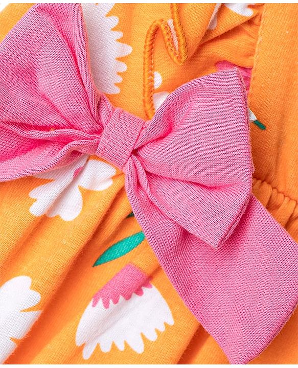 Babyhug Single Jersey Knit Frill Sleeves Floral Printed Frock with Bloomer & Bow Applique - Orange