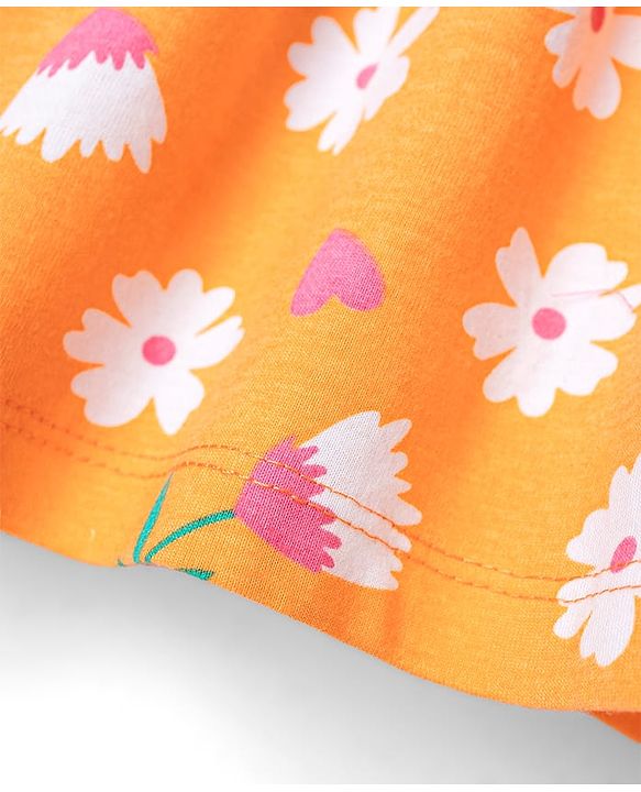 Babyhug Single Jersey Knit Frill Sleeves Floral Printed Frock with Bloomer & Bow Applique - Orange