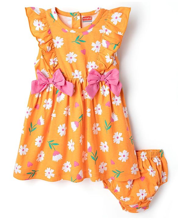 Babyhug Single Jersey Knit Frill Sleeves Floral Printed Frock with Bloomer & Bow Applique - Orange