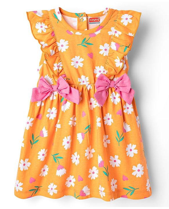 Babyhug Single Jersey Knit Frill Sleeves Floral Printed Frock with Bloomer & Bow Applique - Orange